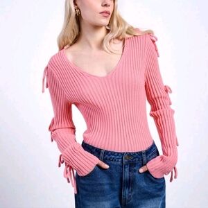 Women's Plain V-Neck Long Sleeve Casual Pullover Sweater With Tie